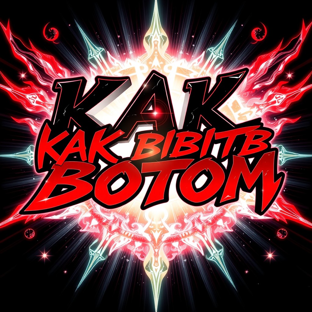 A vibrant anime-inspired design featuring the phrase 'KAK BBITB BOTOM' in bold, stylized lettering