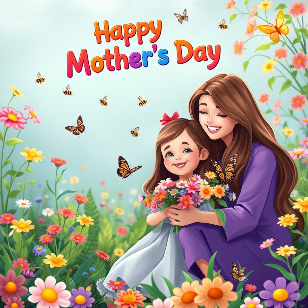 A heartwarming scene depicting a mother and her 11-year-old daughter in a vibrant and whimsical garden filled with colorful flowers and greenery