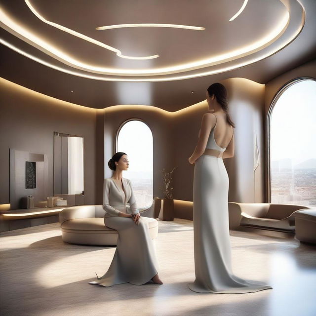 A photorealistic image of a sophisticated woman situated in a luxurious, state-of-the-art interior of a future-age house.