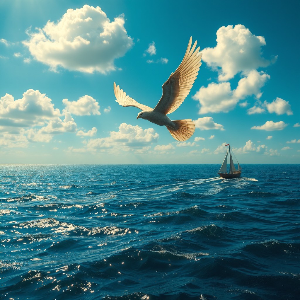 A stunning depiction of the Greek mythological figure Ikarus soaring above a serene sea