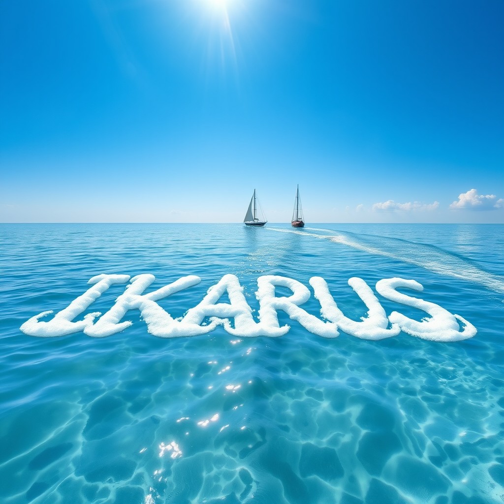 The word "IKARUS" elegantly written on the serene, light blue surface of the sea, with gentle waves lapping around the letters