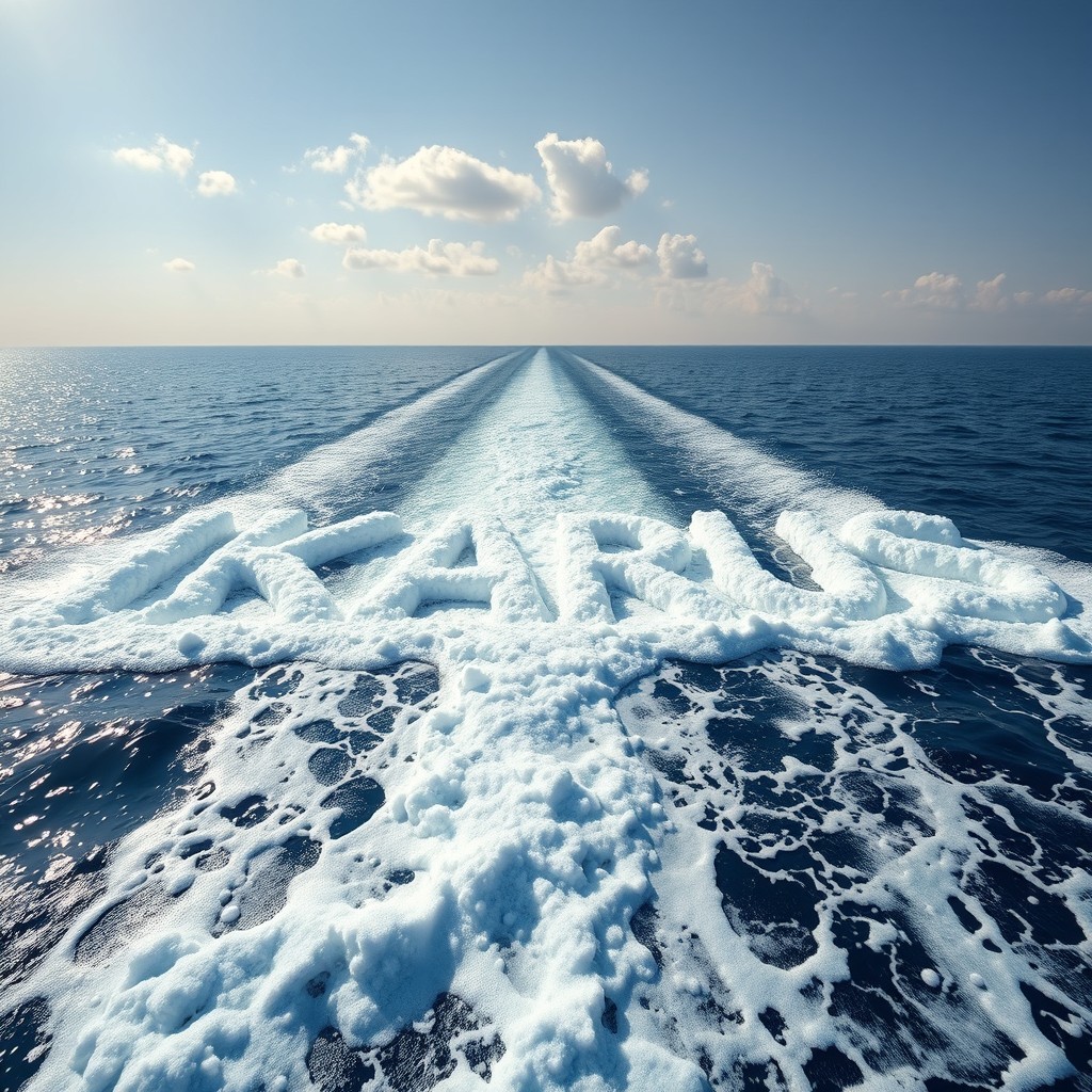 The word "IKARUS" artistically crafted on a boat track in the ocean, with the letters flowing seamlessly within the foam left behind by a passing boat