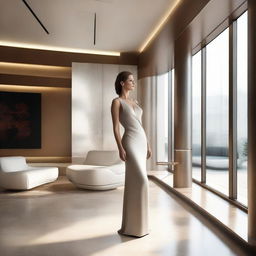 A photorealistic image of a sophisticated woman situated in a luxurious, state-of-the-art interior of a future-age house.