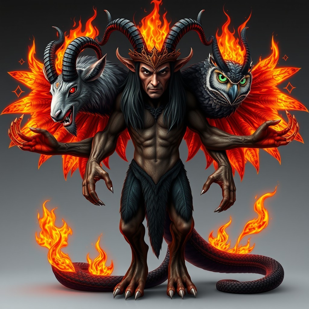 A mythical being with a human body and three heads: 1) The first head is that of a goat, featuring realistic details, a fierce expression, and red eyes