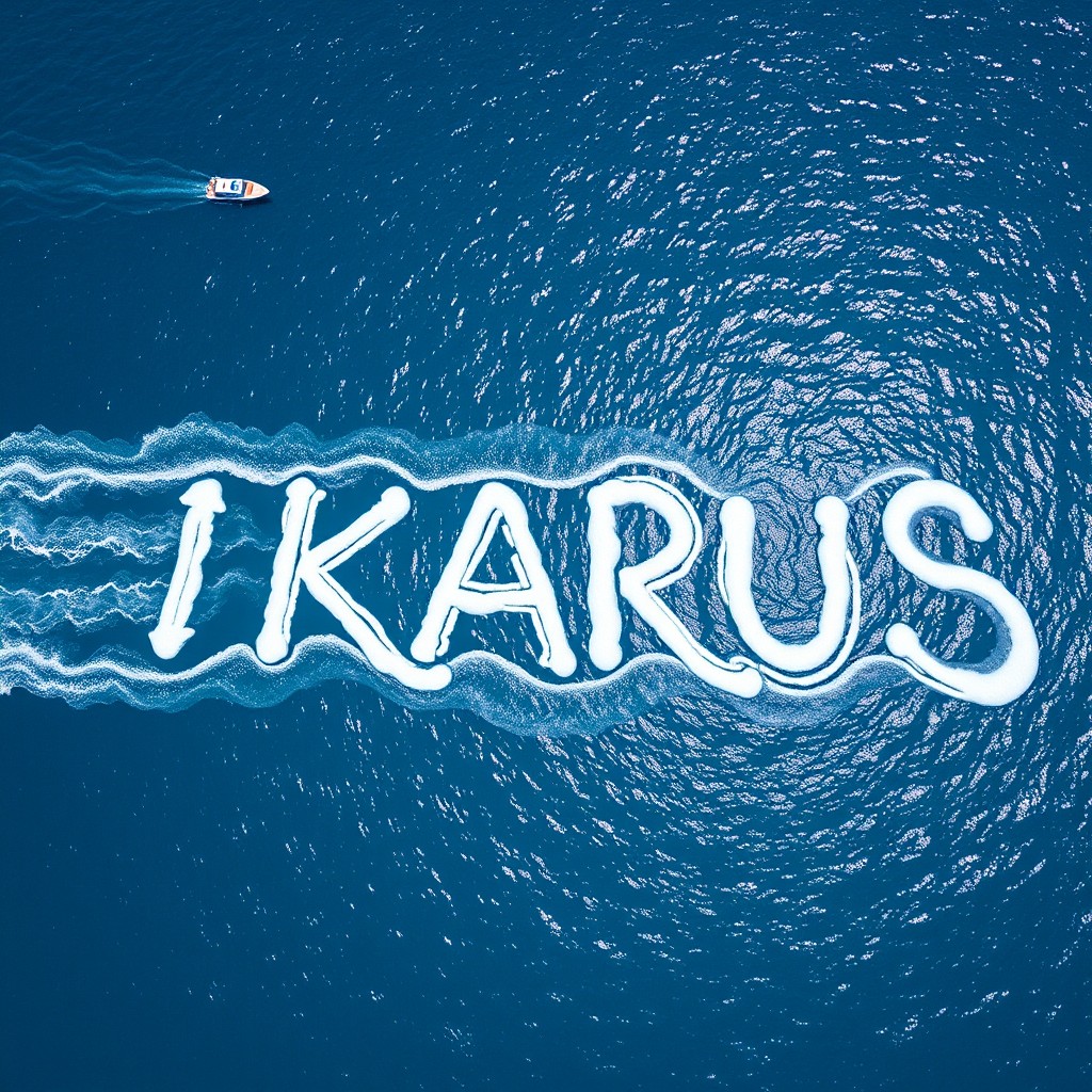 An aerial view of the sea capturing the text "IKARUS" rendered in white foam, shaped artfully across the surface of the water, resembling a boat track