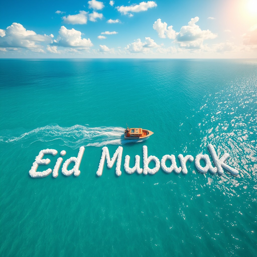 An aerial view capturing a serene sea during Eid al-Adha, showcasing the text "Eid Mubarak" beautifully rendered in white foam on the water's surface, mimicking the wake of a boat
