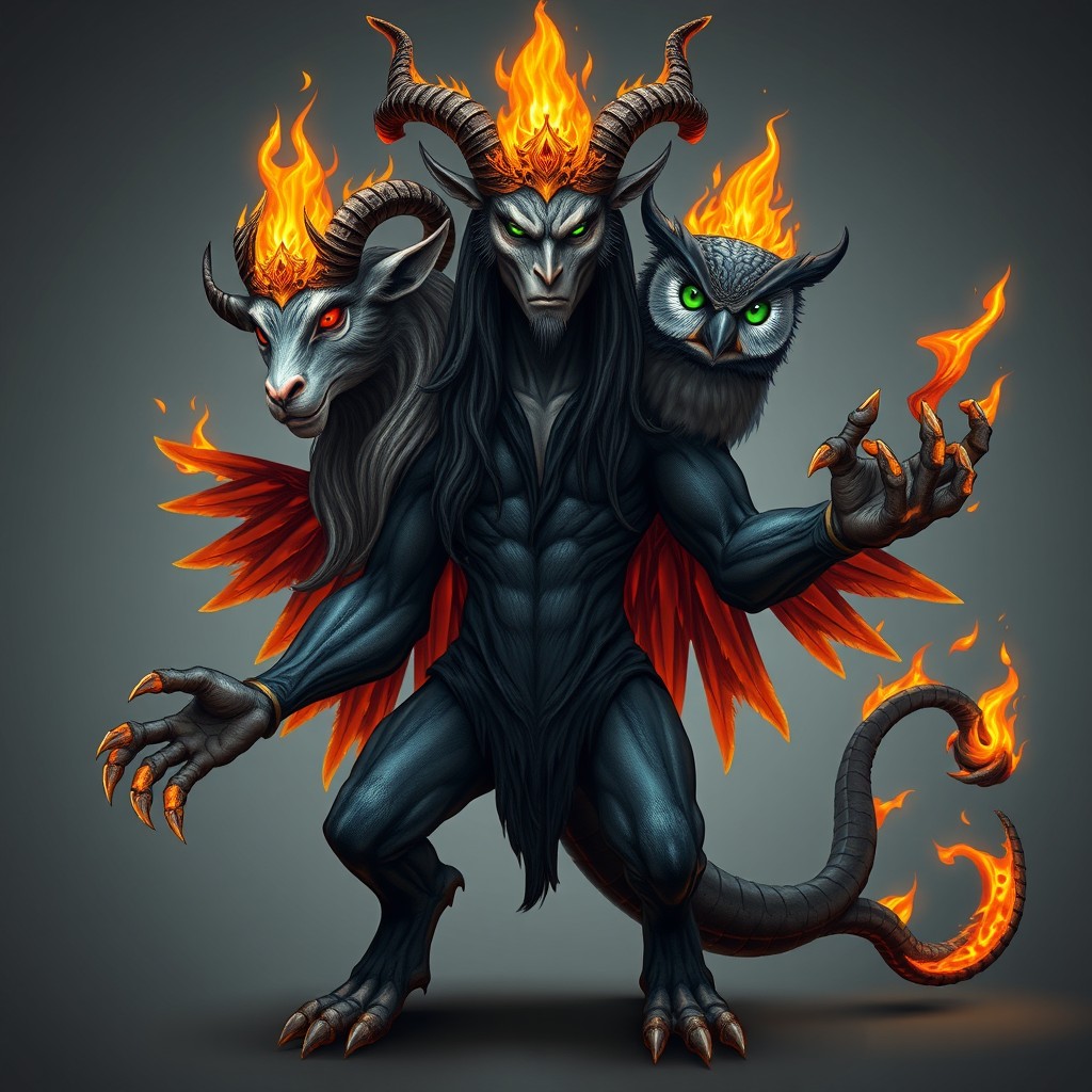 A mythical creature with a human body featuring three heads: the first head is that of a goat, exhibiting natural details, a fierce expression, and glowing red eyes; the second head is human, characterized by long hair, a mysterious face, and green eyes weeping blood; the third head is that of an owl with striking blue eyes