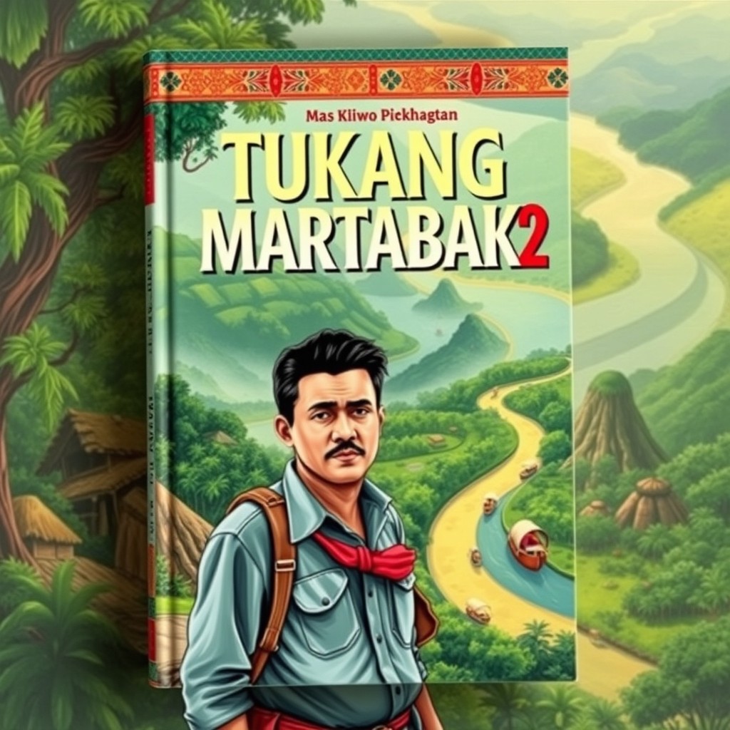 A vibrant book cover for "TUKANG MARTABAK 2" showcasing Mas Kliwo on his adventurous journey through the diverse regions of Kalimantan
