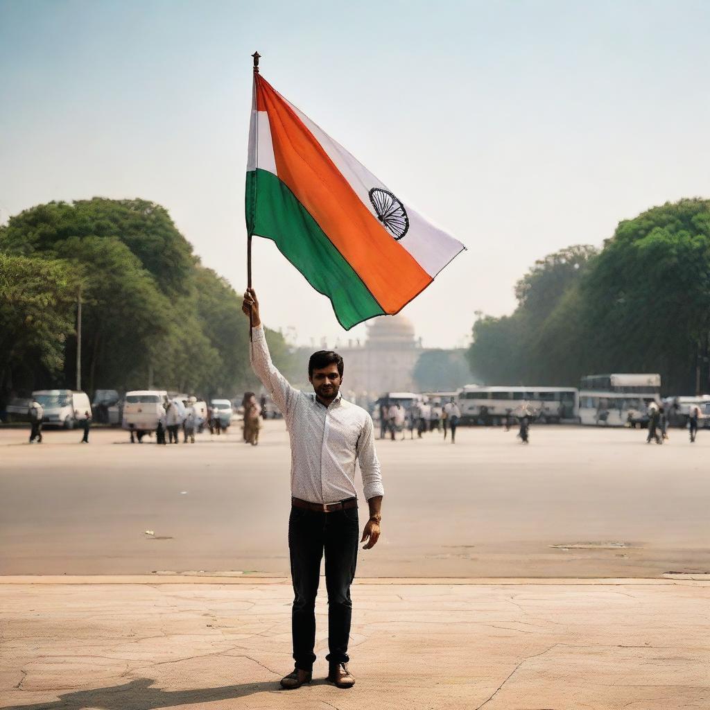 Man standing proudly in Delhi's Connaught Place, holding up the Indian flag with the city landmarks in the background.