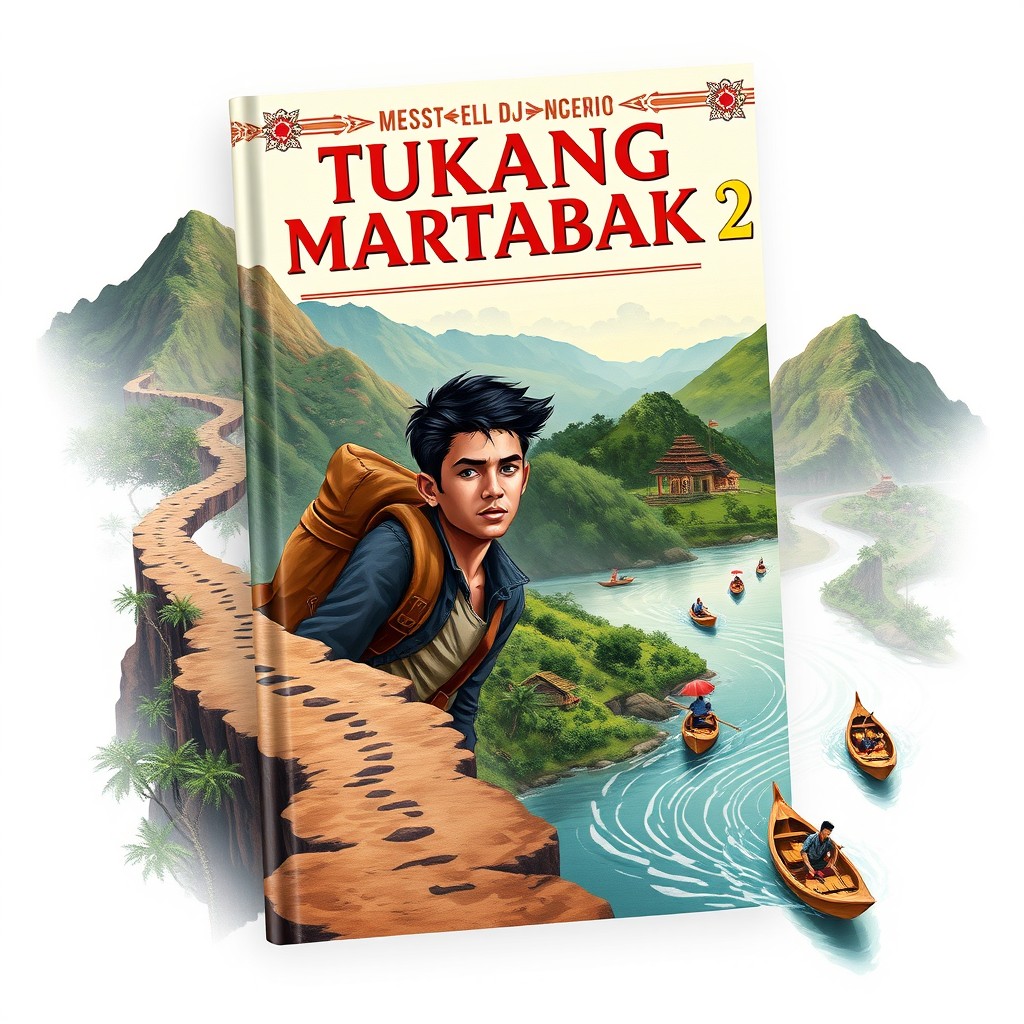 A captivating book cover for "TUKANG MARTABAK 2" featuring the journey of a young man, Mas Kliwon, exploring various regions of Java in the trade sector