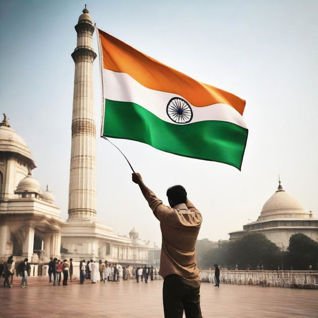 Man standing proudly in Delhi's Connaught Place, holding up the Indian flag with the city landmarks in the background.