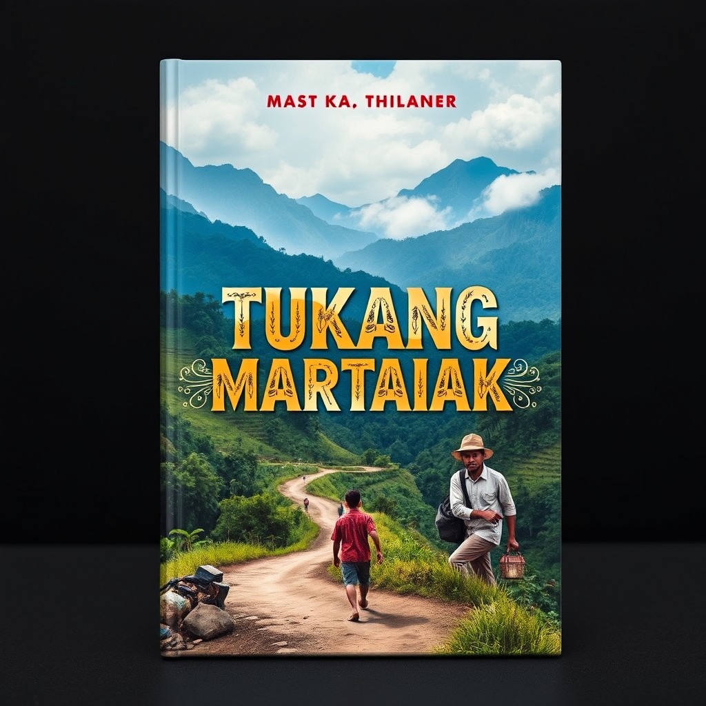 A captivating book cover for 'Tukang Martabak' showcasing the journey of a young man named Mas Kliwon as he navigates through various regions in Java in the trade sector