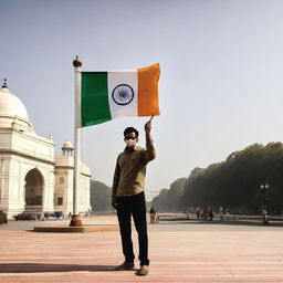 Man standing proudly in Delhi's Connaught Place, holding up the Indian flag with the city landmarks in the background.