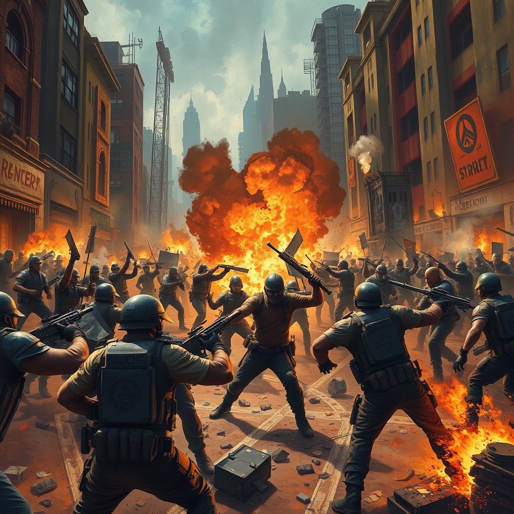 A dynamic scene depicting rebels engaged in a fierce revolution against oppressive police forces in a dystopian city