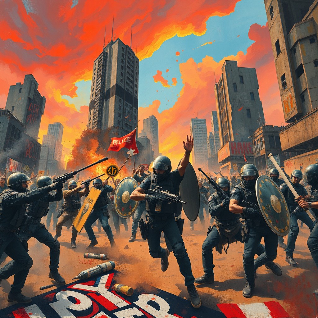 A vibrant and energetic scene of rebels and revolutionaries fighting against police in a dystopian city