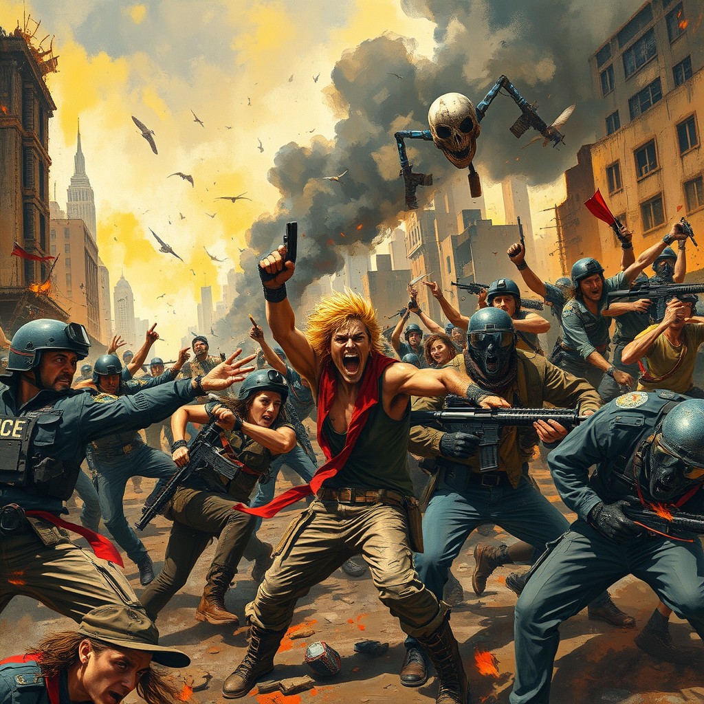 A dynamic and energetic scene depicting rebels and revolutionaries engaged in a fierce battle against police forces in a dystopian city