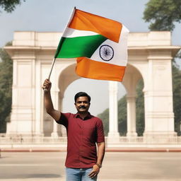 Man standing proudly in Delhi's Connaught Place, holding up the Indian flag with the city landmarks in the background.