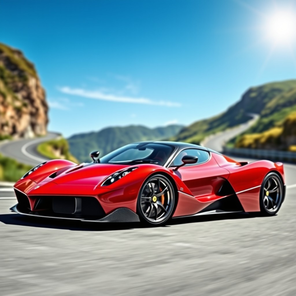 A stunning hybrid of Pagani and Ferrari supercars, showcasing the sleek lines and curves of both designs
