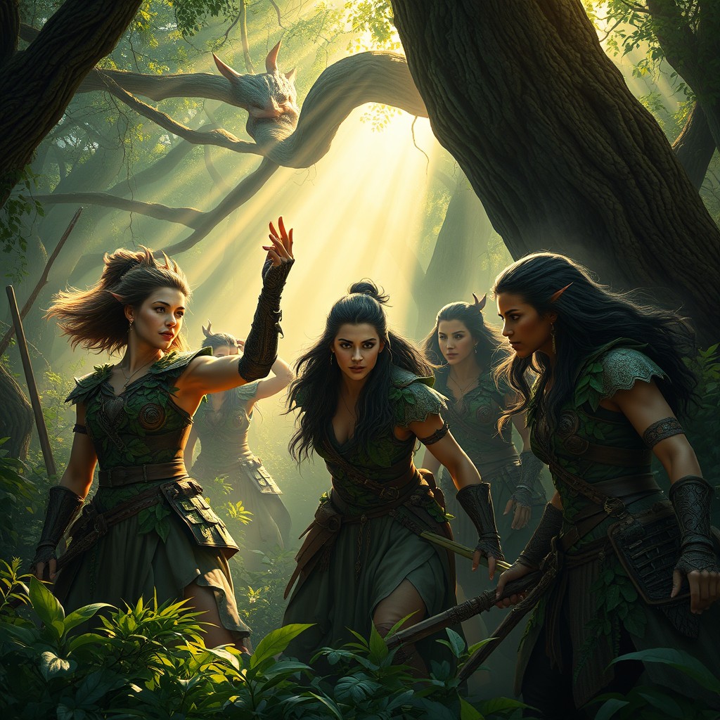 A dramatic scene of women warriors in a dense, enchanting forest, engaged in an epic struggle for light