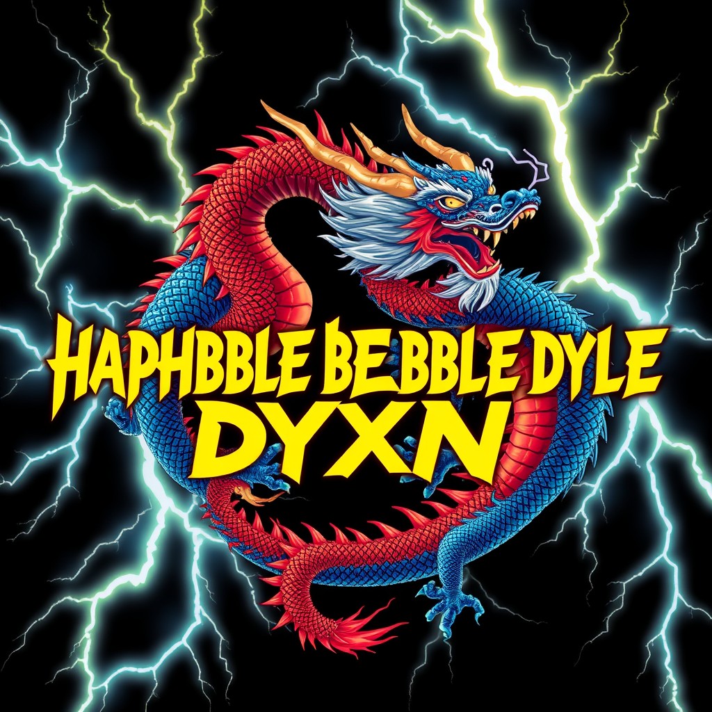 A vibrant poster featuring the text 'HAPHBLE BOEBBLE DYXN' styled in a yellow hue resembling lightning bolts