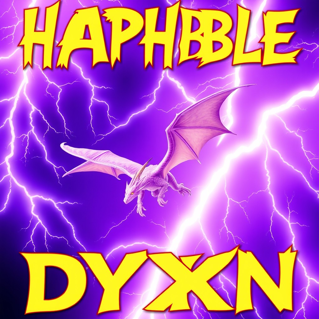 A striking poster featuring the words 'HAPHBLE BOEBBLE DYXN' in a yellowish-white lightning-inspired font