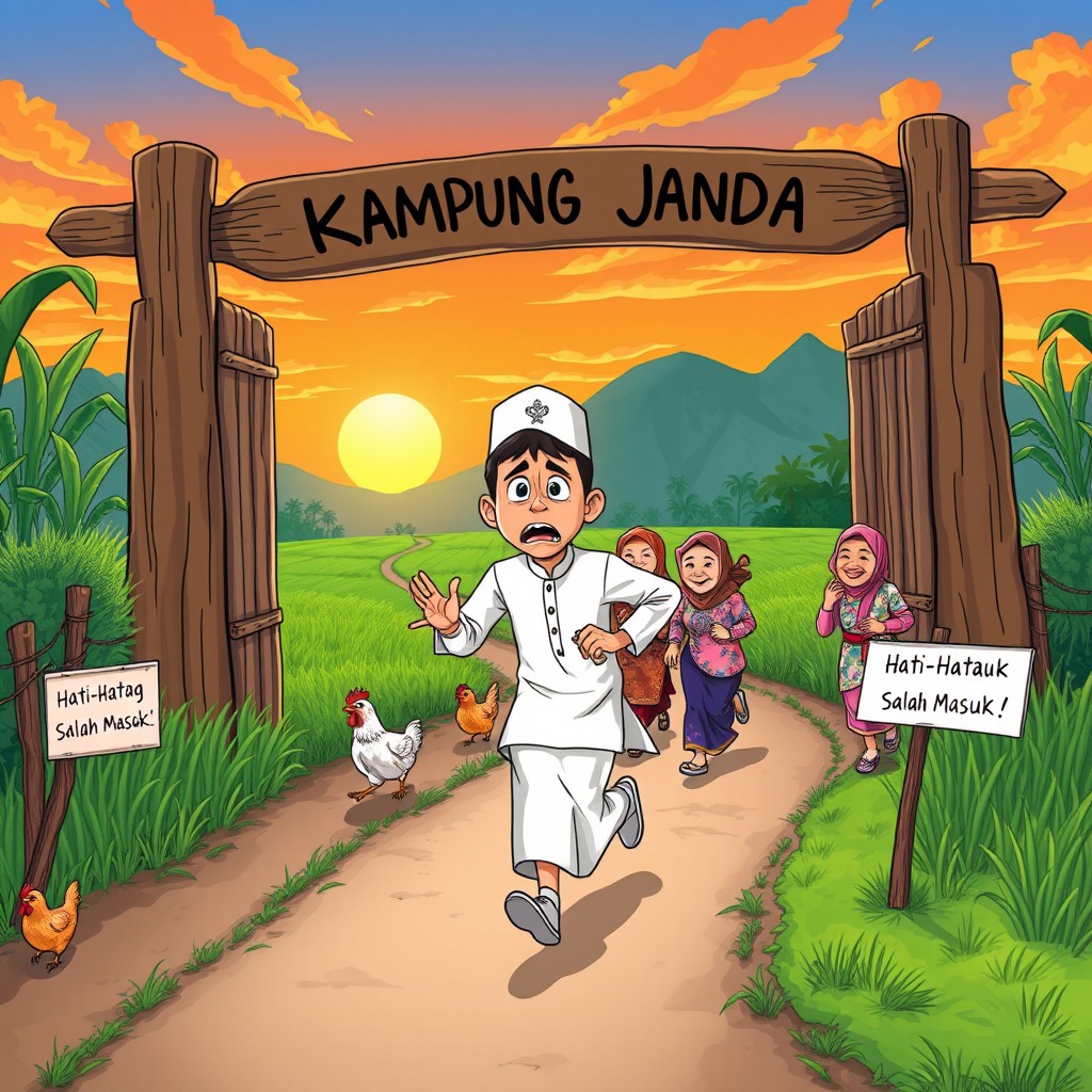 A comedy cartoon illustration set in an Indonesian countryside during a vibrant sunset
