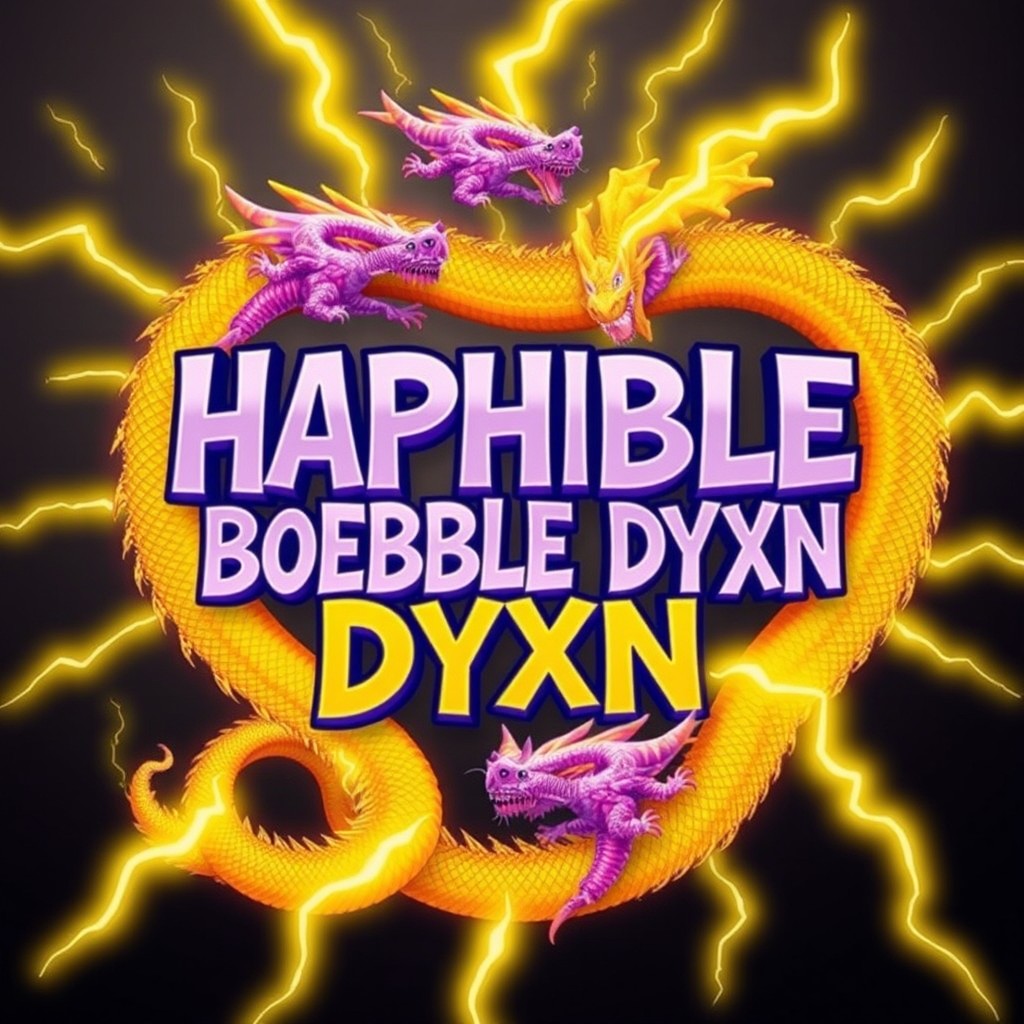 A vibrant poster design featuring the text 'HAPHBLE BOEBBLE DYXN' in a yellowish-white color that resembles lightning bolts