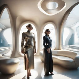 A photorealistic portrayal of a stylish woman inside the luxurious, state-of-the-art interior of a futuristic home.