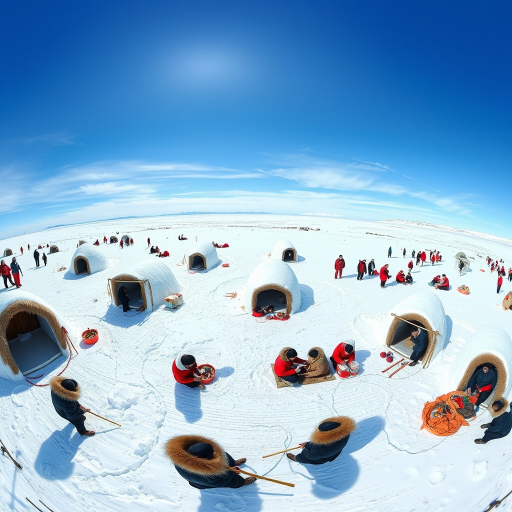 A panoramic view of a traditional Inuit village located in the Arctic area, showcasing various Inuit people engaging in daily activities