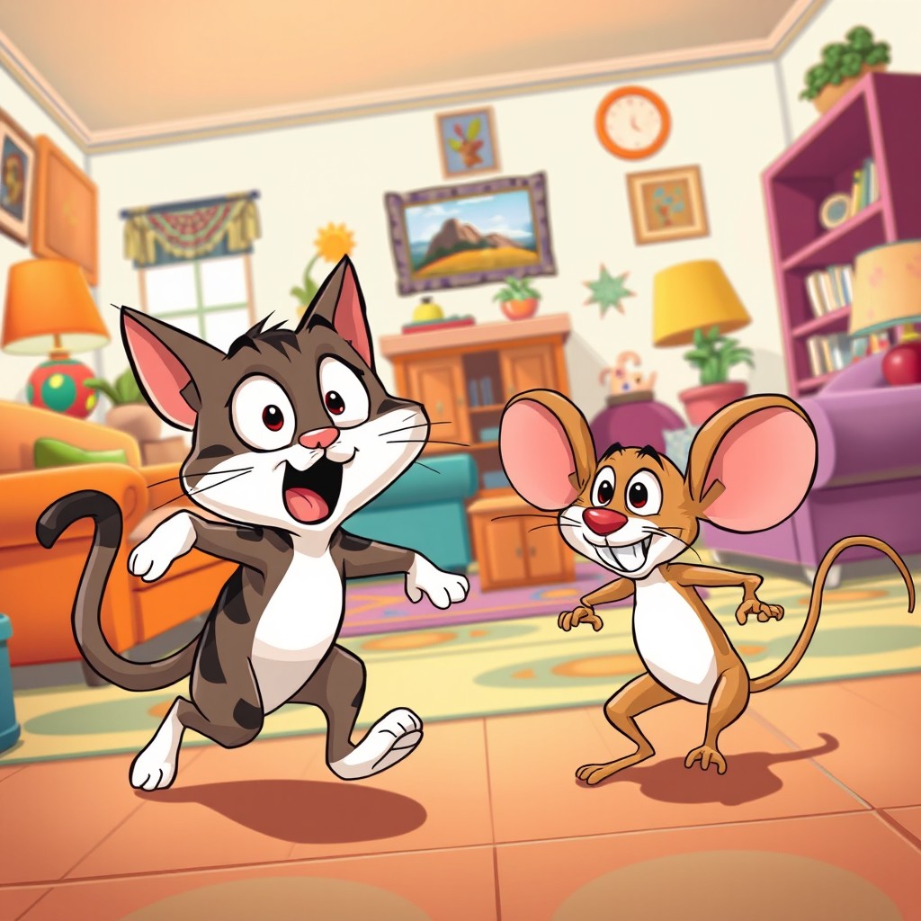 A playful scene featuring anthropomorphic characters inspired by classic cartoon styles, focusing on a mischievous cat and a clever mouse engaging in a humorous chase across a colorful living room