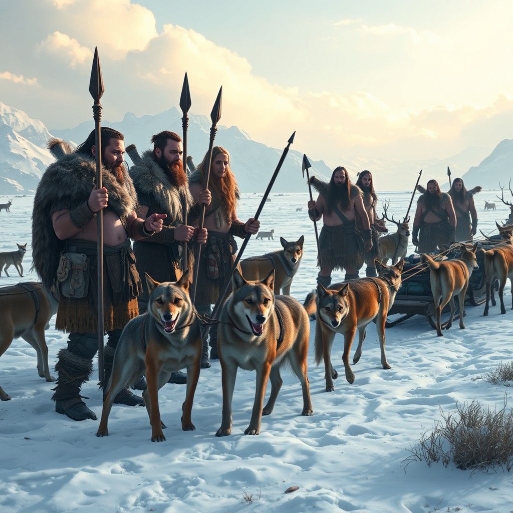 A scene depicting primal barbarian people in a frozen tundra environment, huddled in groups as they hunt deer
