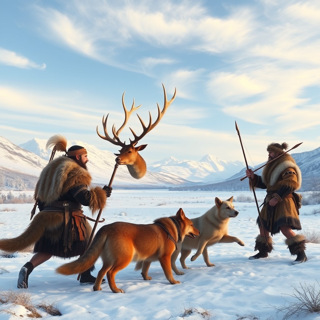 A scene depicting primal barbarian hunters in a frozen tundra environment, engaging in the hunt of a deer