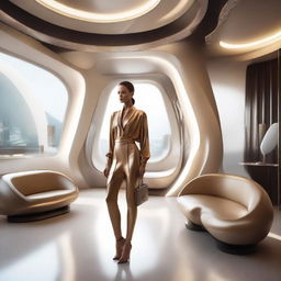 A photorealistic portrayal of a stylish woman inside the luxurious, state-of-the-art interior of a futuristic home.