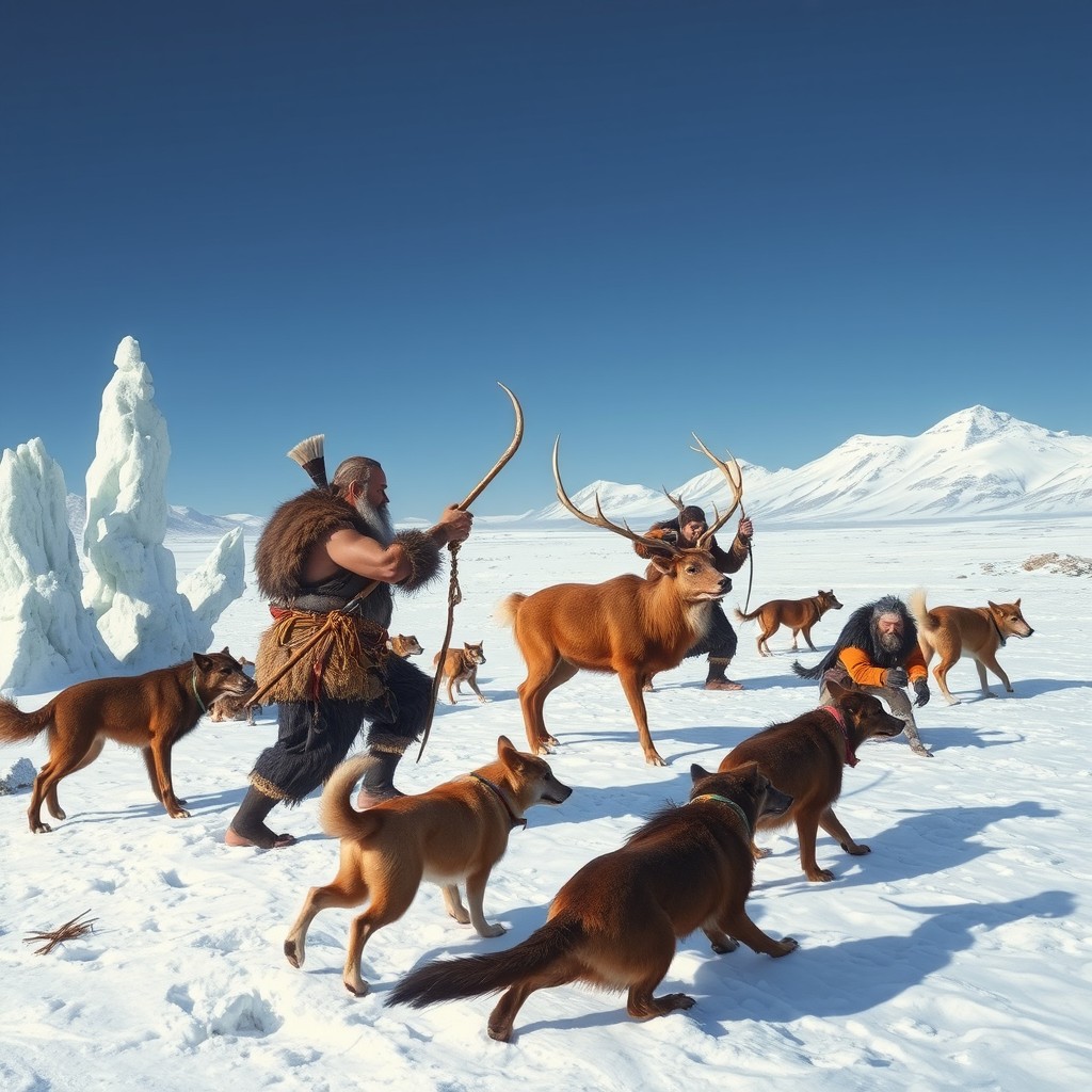 A scene depicting primal barbarian people in a frozen tundra landscape, dressed in furs and animal hides, using traditional weapons like spears and bows to hunt deer