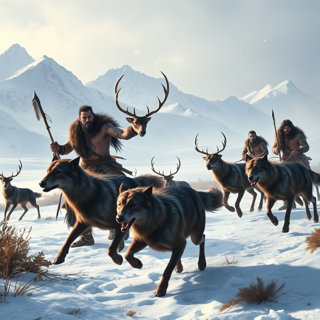 A scene depicting primal barbarian people in a frozen tundra landscape, with a backdrop of snow-covered mountains and icy skies