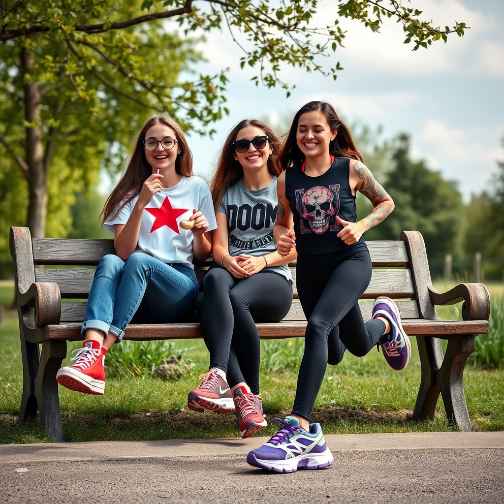 In a cheerful park setting, there are two girls sitting together on a rustic wooden bench, sharing laughter and enjoying the beautiful day