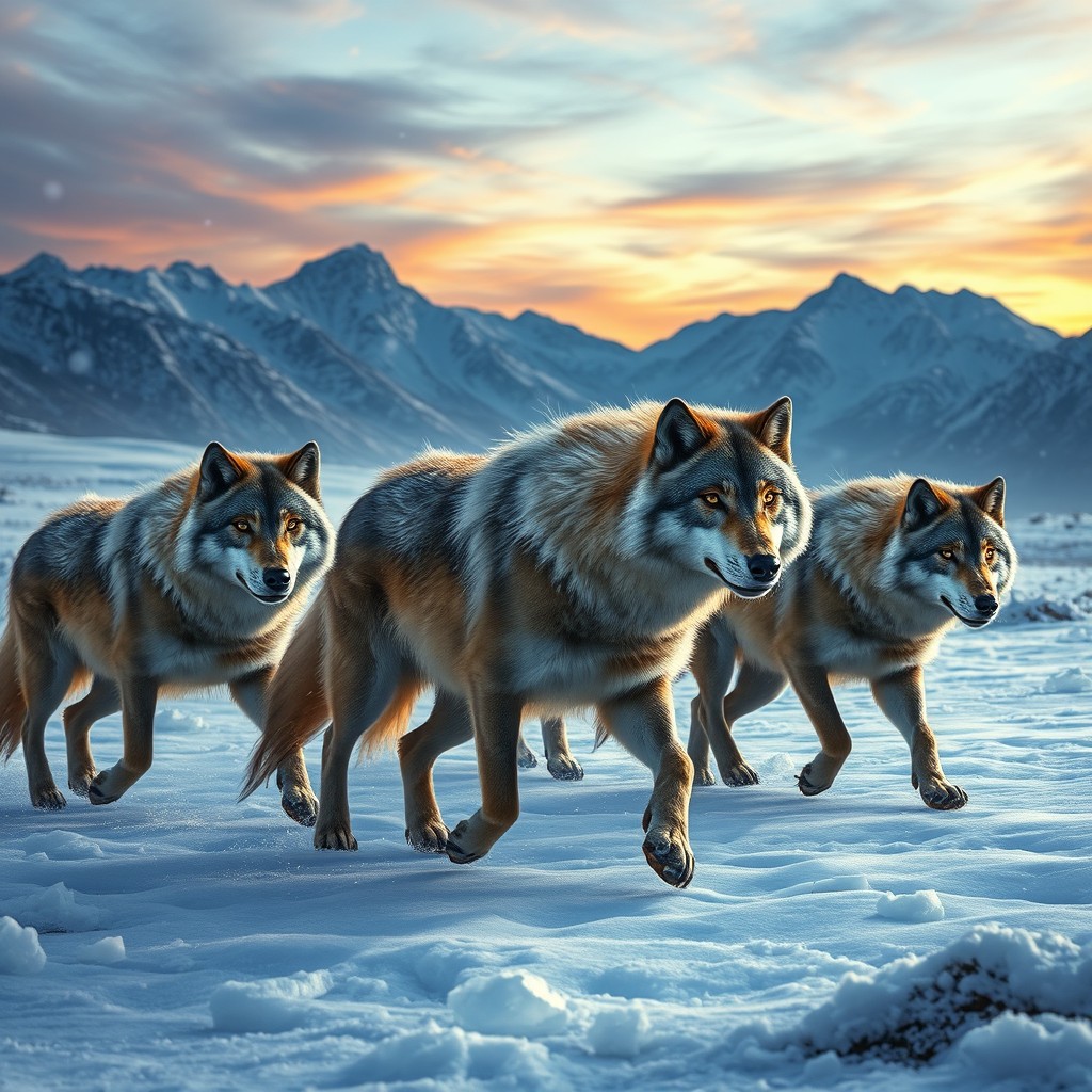 A pack of primal wolves, showcasing their majestic and powerful physique, prowling through a frozen tundra landscape