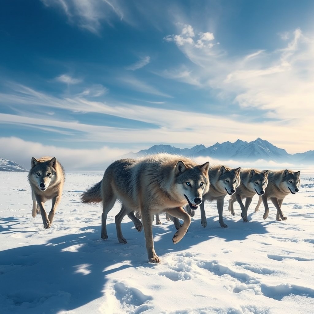 A pack of primal wolves hunting in a frozen tundra landscape, showcasing their powerful and majestic forms