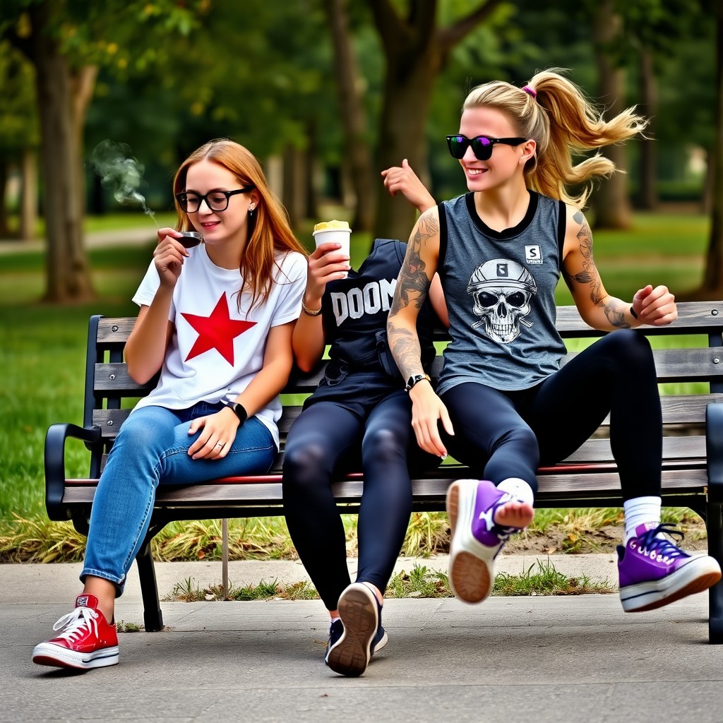 Two girls sitting on a bench in a park, radiating relaxation and happiness