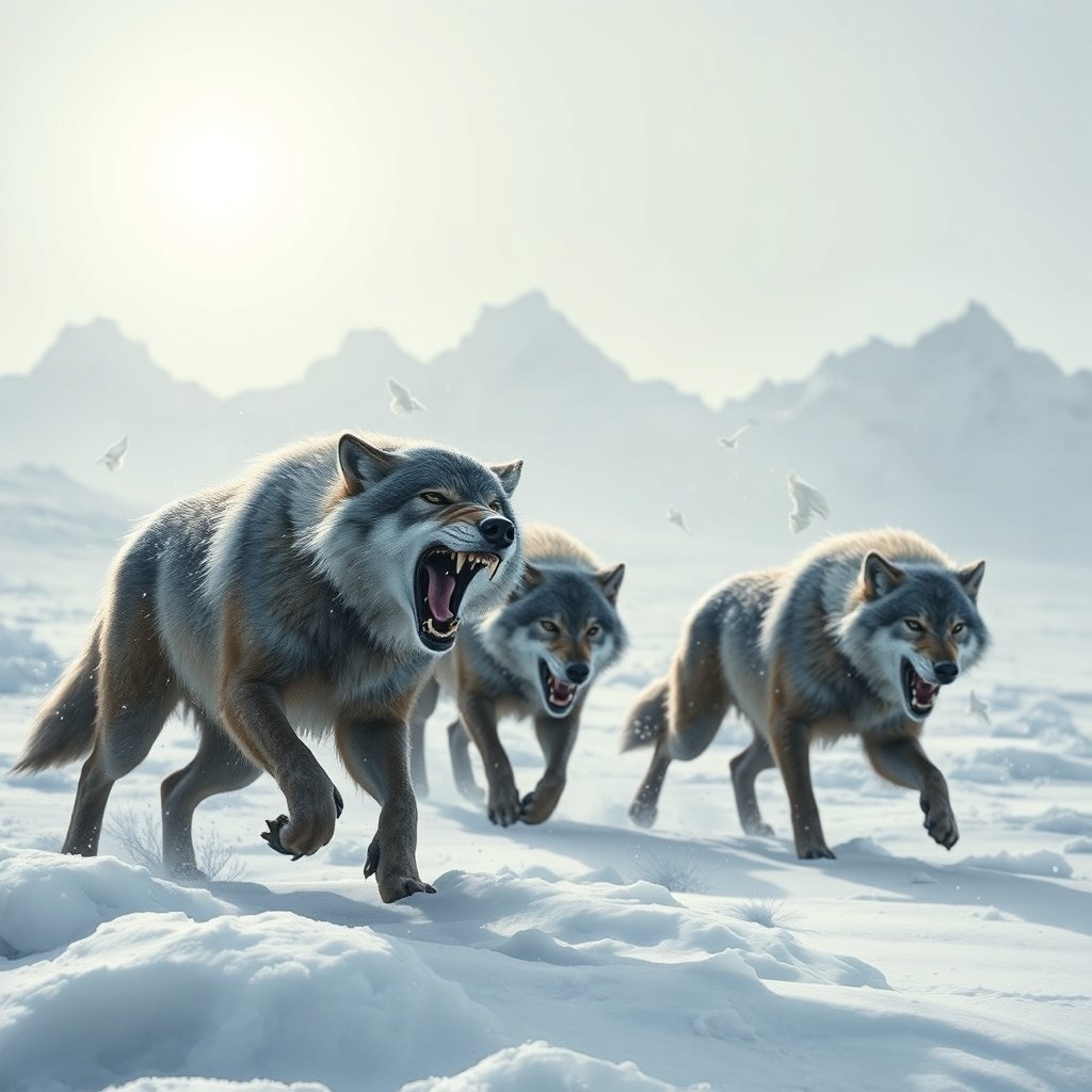 A dynamic scene of primal wolves hunting in a frozen tundra, showcasing their powerful physiques and intense focus