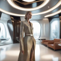 A photorealistic portrayal of a stylish woman inside the luxurious, state-of-the-art interior of a futuristic home.