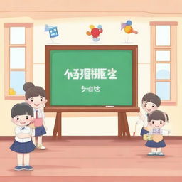 A signboard for class 1 with the name of the teacher written elegantly on it, surrounded by colorful illustrations typical of a grade school setting.