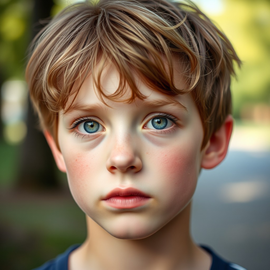 A portrait of a boy with striking green eyes, featuring a thoughtful expression