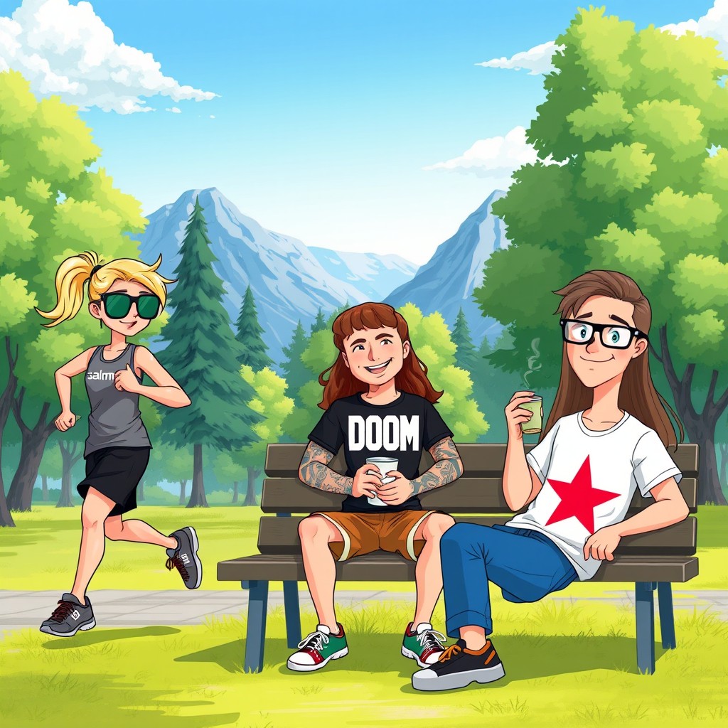 A vibrant digital illustration of a park setting featuring three animated characters