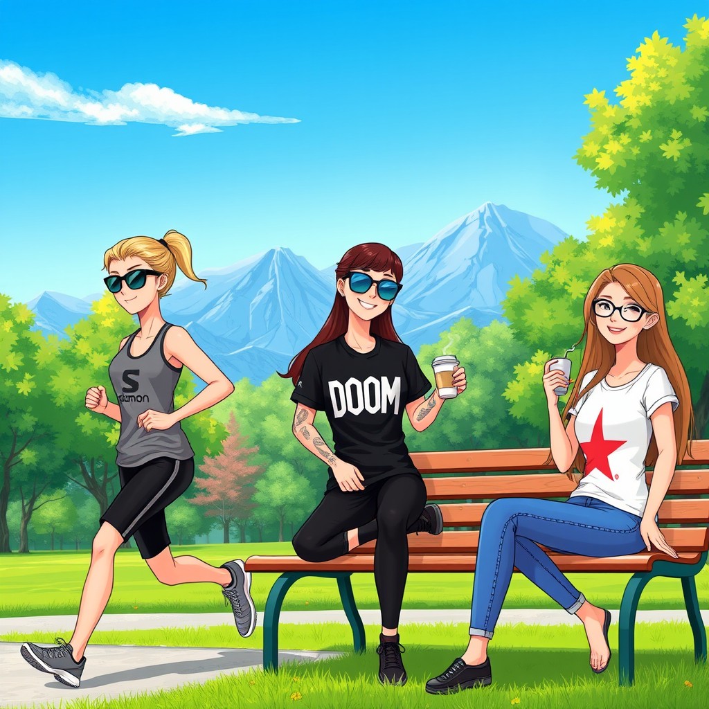A digital illustration of a vibrant park scene featuring three female characters