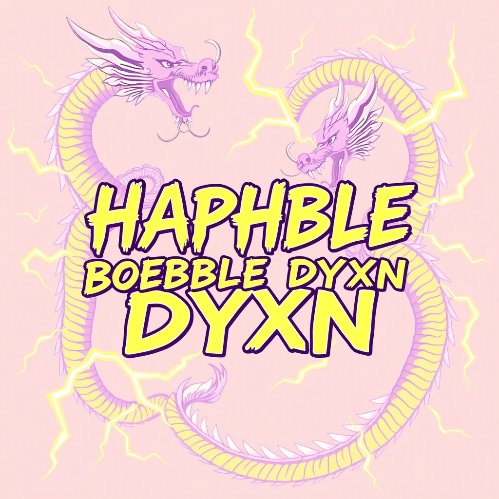 A poster design featuring the phrase 'HAPHBLE BOEBBLE DYXN' in a yellowish-white text styled like lightning fangs