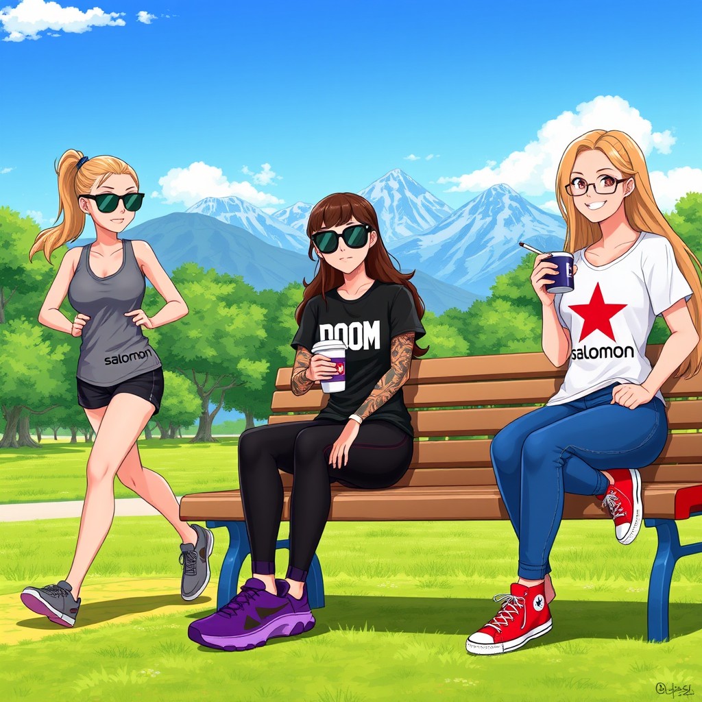 A digital illustration of three female characters in a vibrant park setting