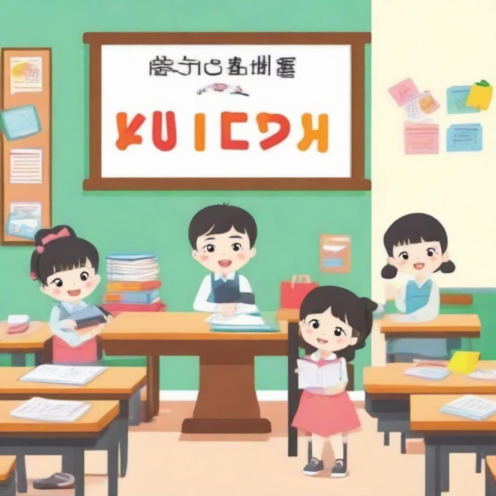 A signboard for class 1 with the name of the teacher written elegantly on it, surrounded by colorful illustrations typical of a grade school setting.