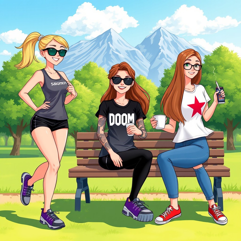 A vibrant digital illustration featuring three female characters in a lively park setting