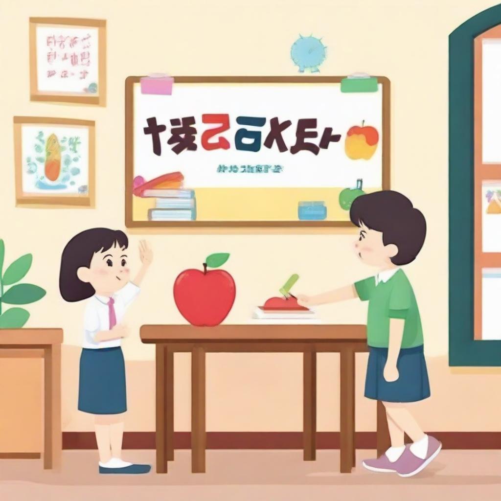 A signboard for class 1 with the name of the teacher written elegantly on it, surrounded by colorful illustrations typical of a grade school setting.